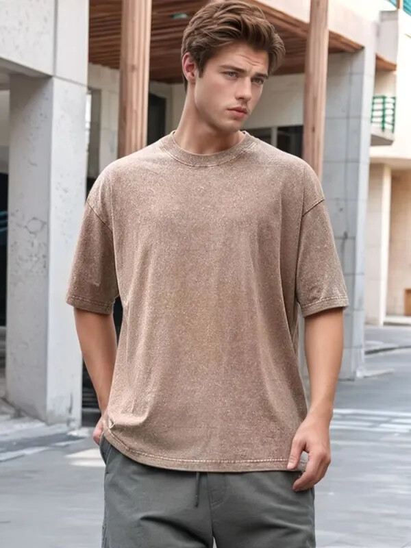 Summer Men’s Washed T-Shirts 230G Heavy Cotton Vintage Faded Color Oversized