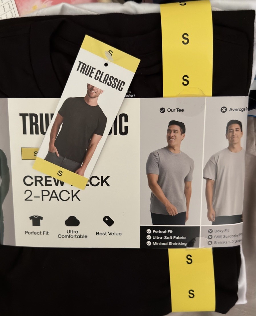 TRUE CLASSIC Mens Crew Neck Perfect Fit T-Shirt 2-Pack Black White Size S NWT