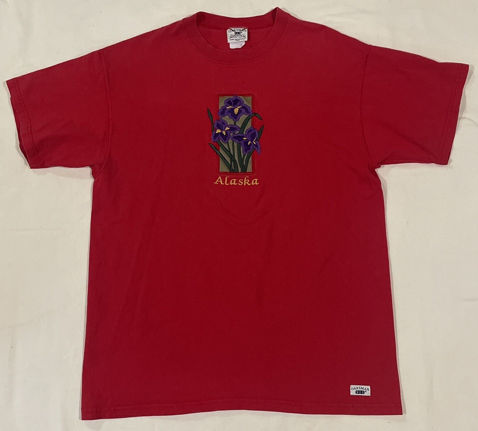VTG Oarsman 913 Men’s Large Red Alaska T-Shirt w/ Stitched Purple Iris’s Logo