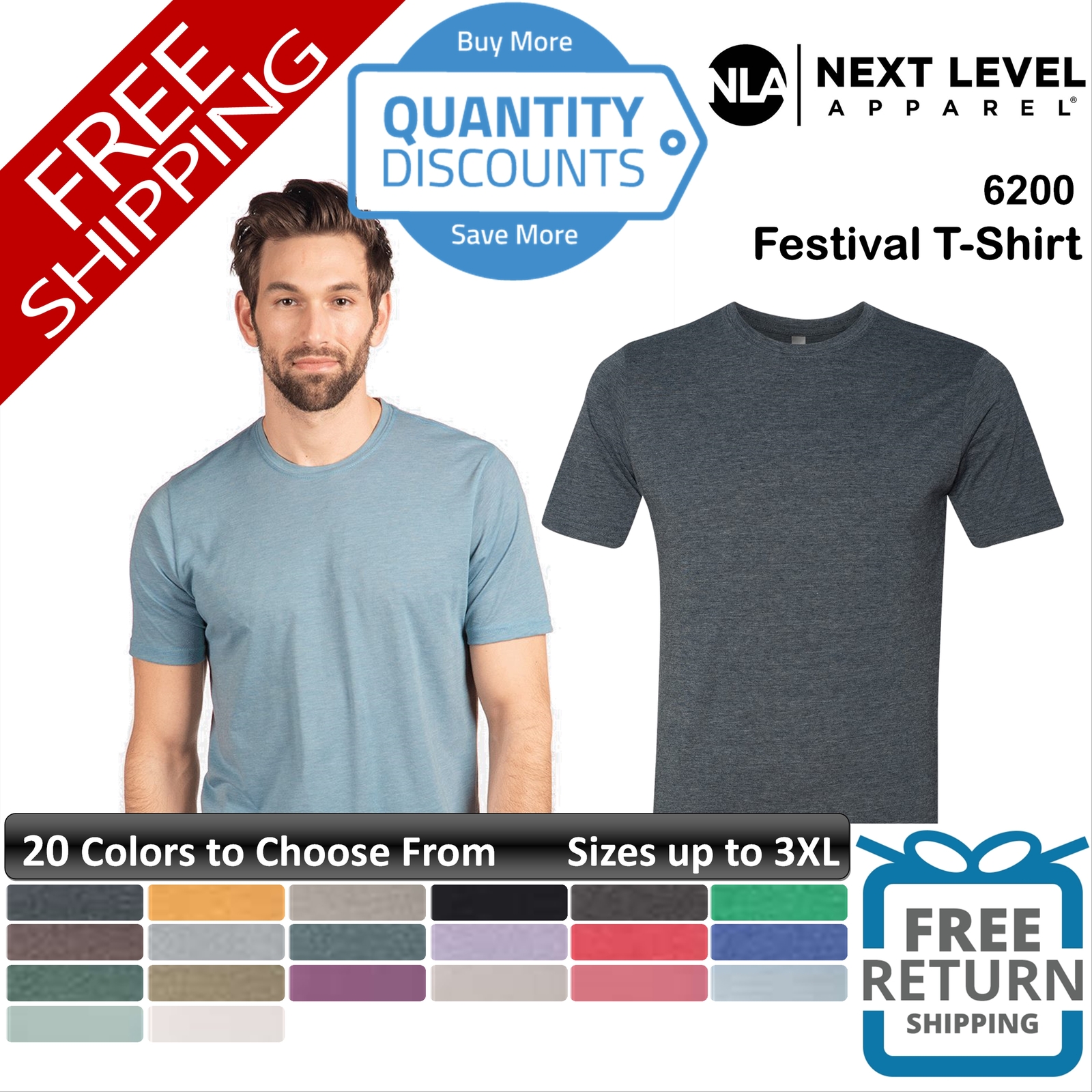 Next Level Men Festival Fabric Laundered Ring-spun Blend T-shirt Up To 3XL 6200