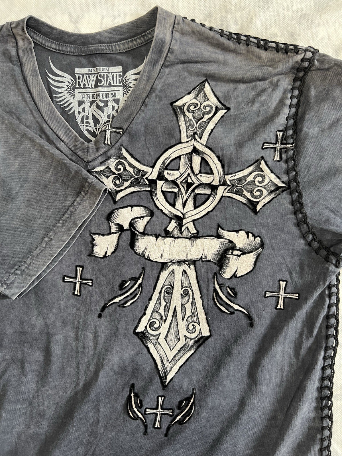 Raw State Shirt Sz M Gray Cross Angel Wings Royalty Stitch Premium Y2K Goth VTG