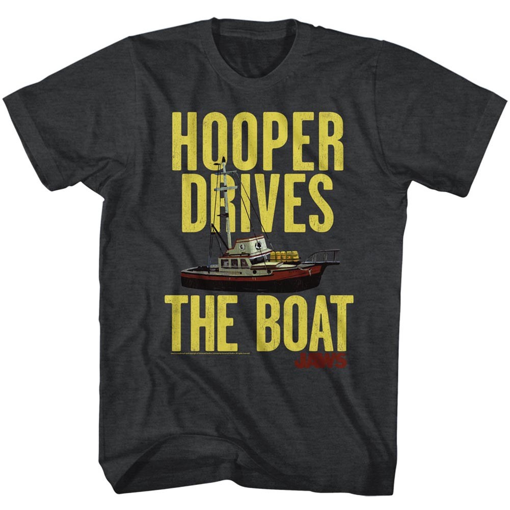 JAWS Movie T-Shirt Hooper Drives The Boat New Official Black Heather in SM – 5XL