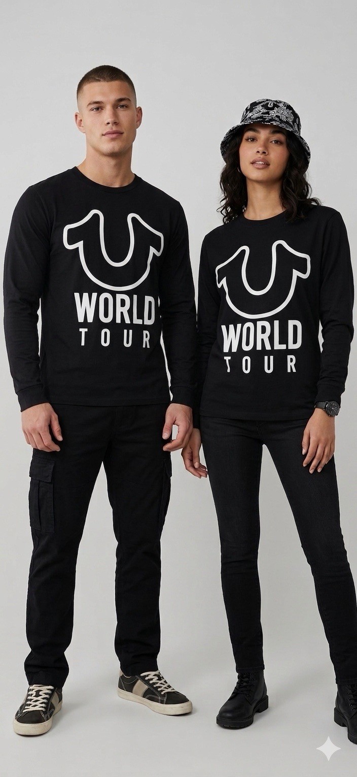 $79 TRUE RELIGION Black White WORLD TOUR Long Sleeve Designer Graphic T-shirt