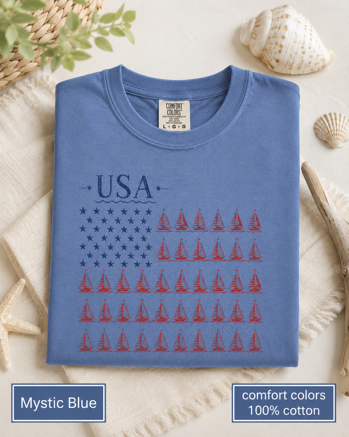 USA Sailboat Flag Comfort Colors Tee, Patriotic Coastal Fourth of July Shirt