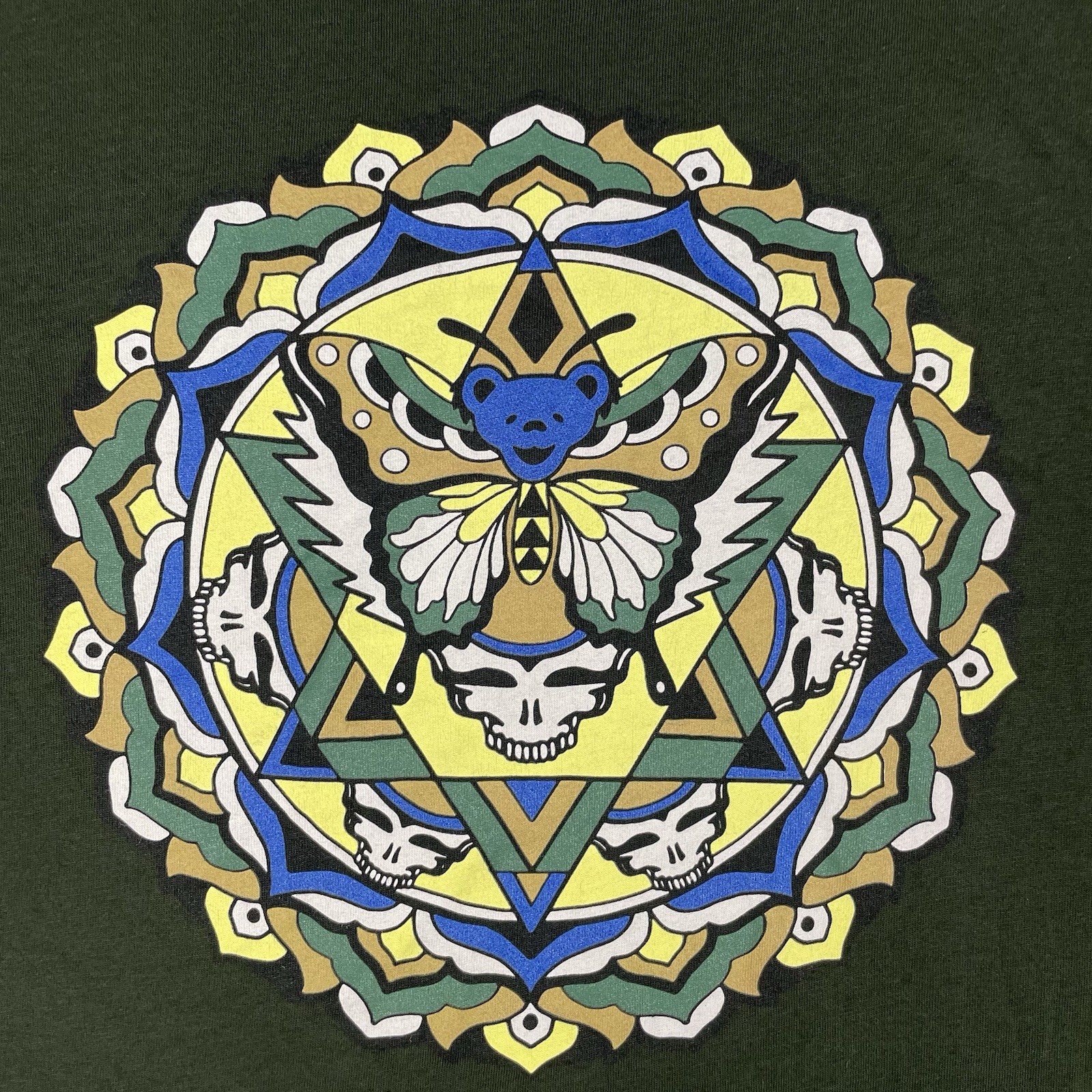 Grateful Dead Butterfly Bear Skull Mandala Lotus Art T-Shirt Mens Medium Green