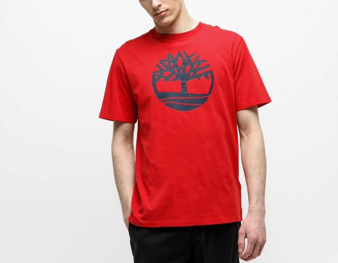 NWT Timberland Mens Red Crew Neck Regular Fit Kennebec River Tree Logo T-Shirt M
