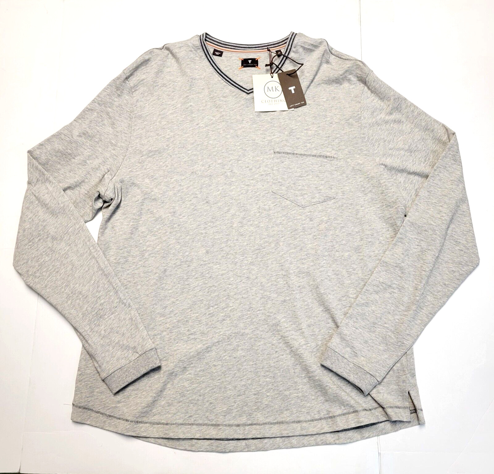 $125 New LEFT COAST TEE V-Neck Shirt L/S Cotton Men’s XL X-LARGE Gray Pocket