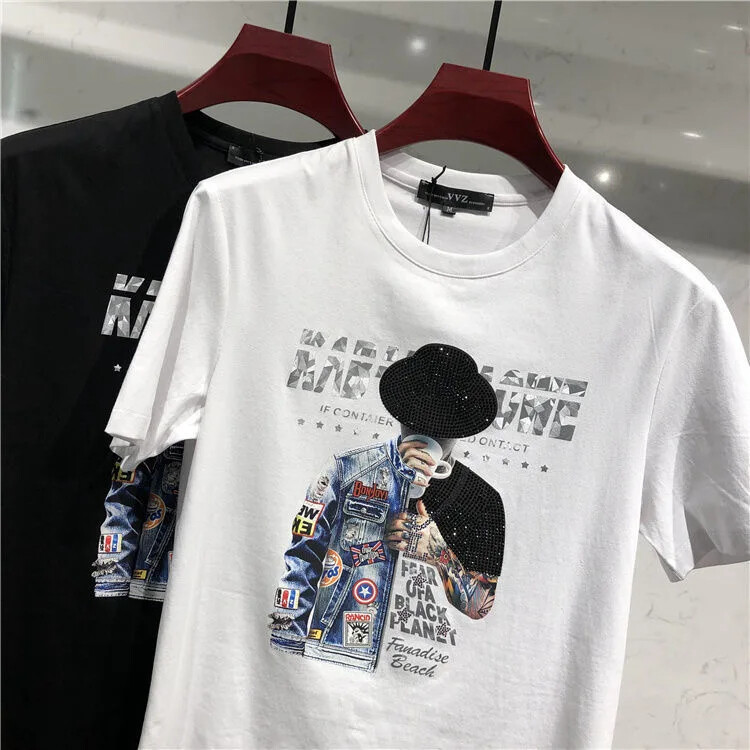 New Men Luxury Rhinestones Fashion Black White T-Shirt High Quality