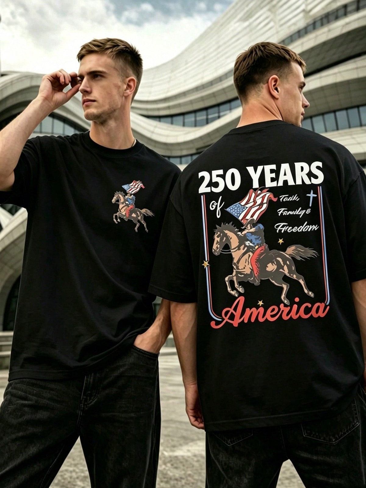 USA 250 Years Of America Cowboy Horse Graphic T-Shirt, Faith Family Freedom Tee