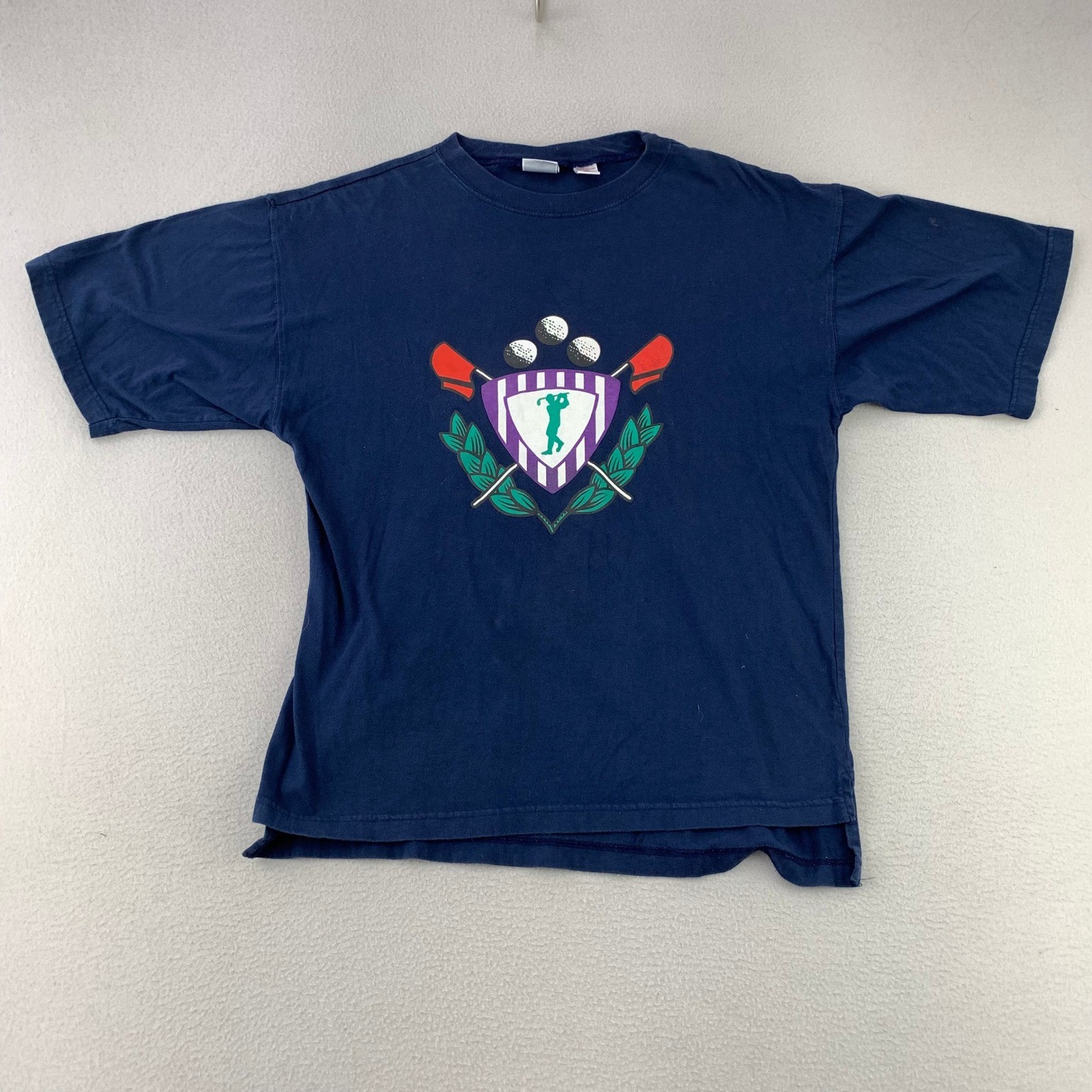 Vintage 90s John Ashford Golf T-Shirt Men Medium Blue Crest Logo Graphic Tee