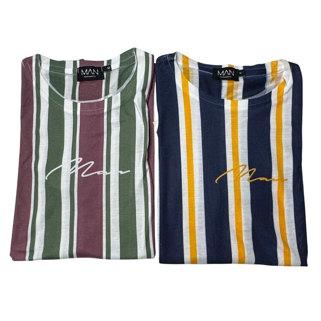 boohooMAN Mens Knit Shirt Bundle Pink Green Navy Yellow Stripe 2 Pack Medium
