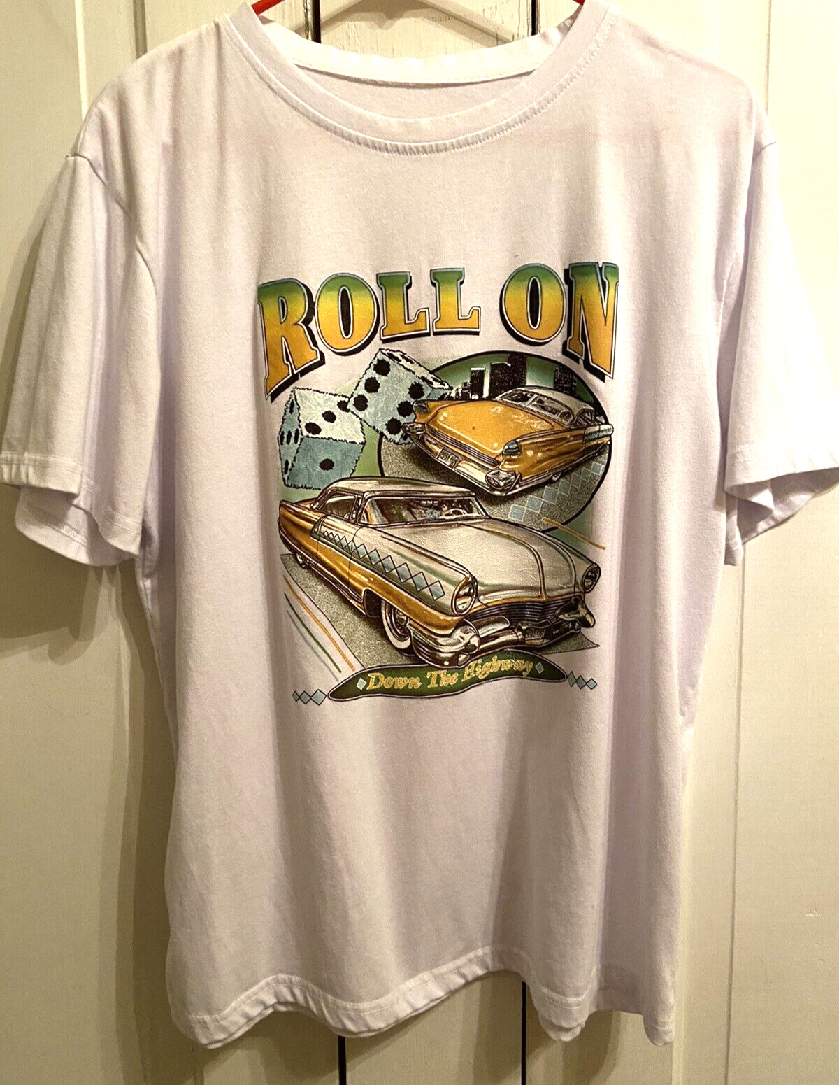 Roll On Down the Highway Tshirt Hot Rods White Large