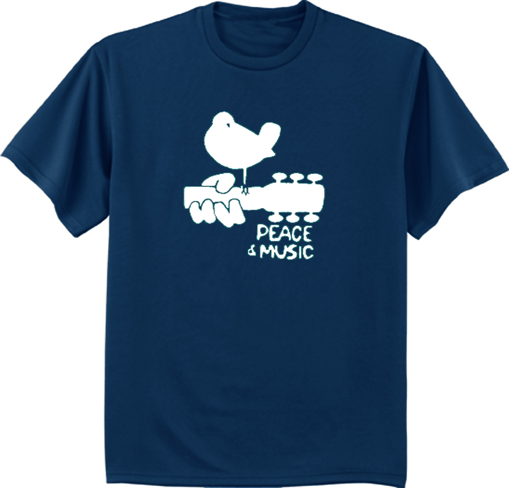 Men’s t-shirt Woodstock design peace music guitar tee shirt navy blue