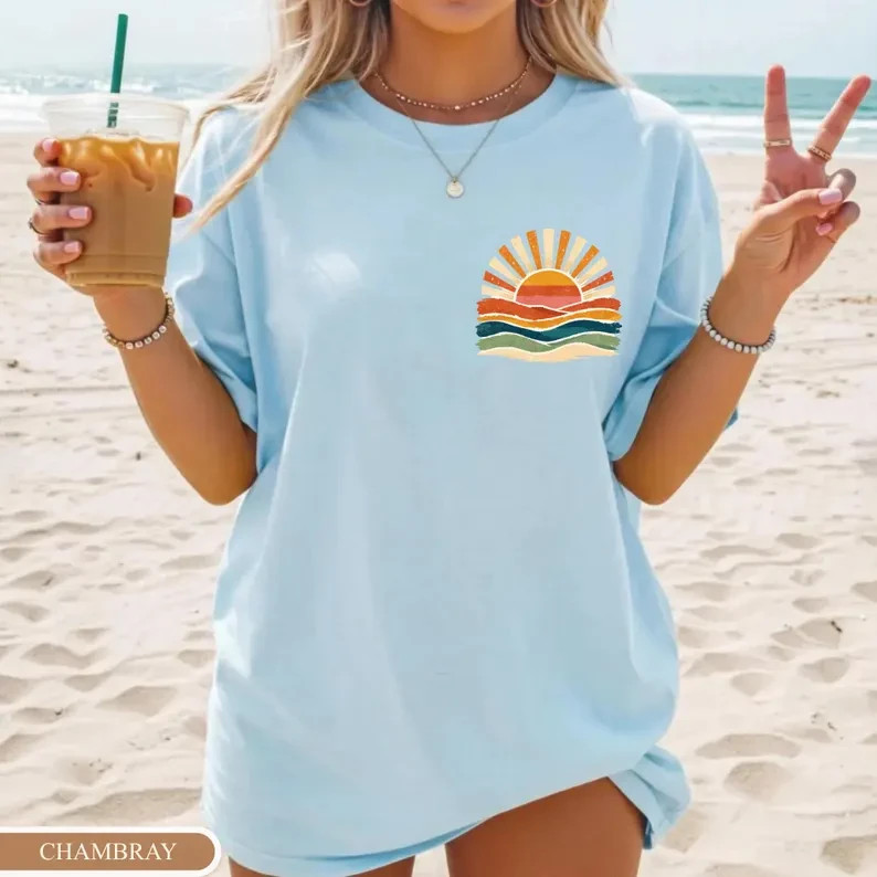 Retro Sun Waves Pocket Print Shirt Vintage Coastal Aesthetic Boho Tee