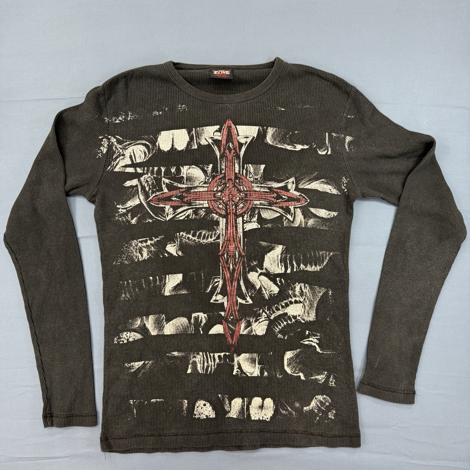 VTG MMA Elite Men Y2K Skull Cross Graphic Long Sleeve Thermal Shirt Size M Black