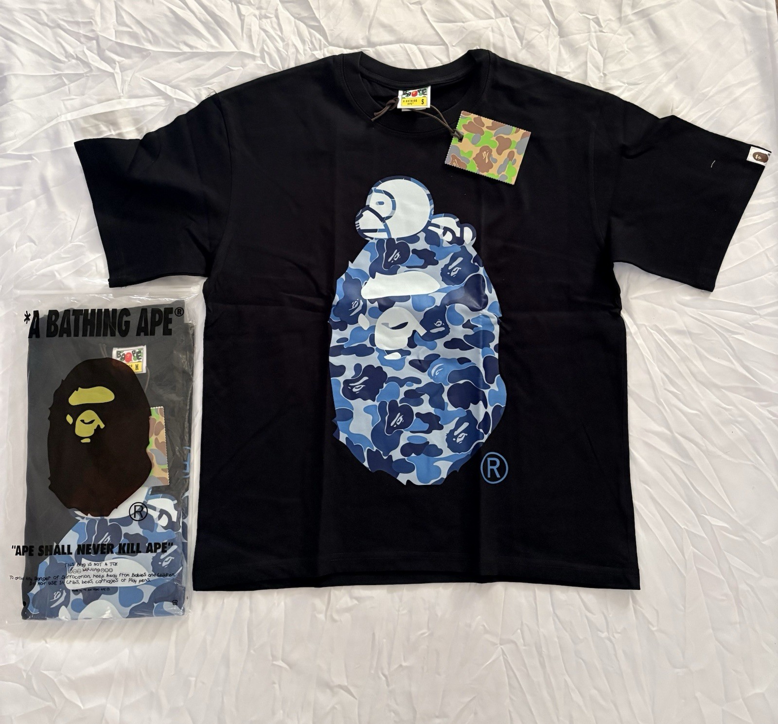 A Bathing Ape BAPE Baby Milo Blue Camo Graphic Crew Neck T-Shirt Men’s S Black
