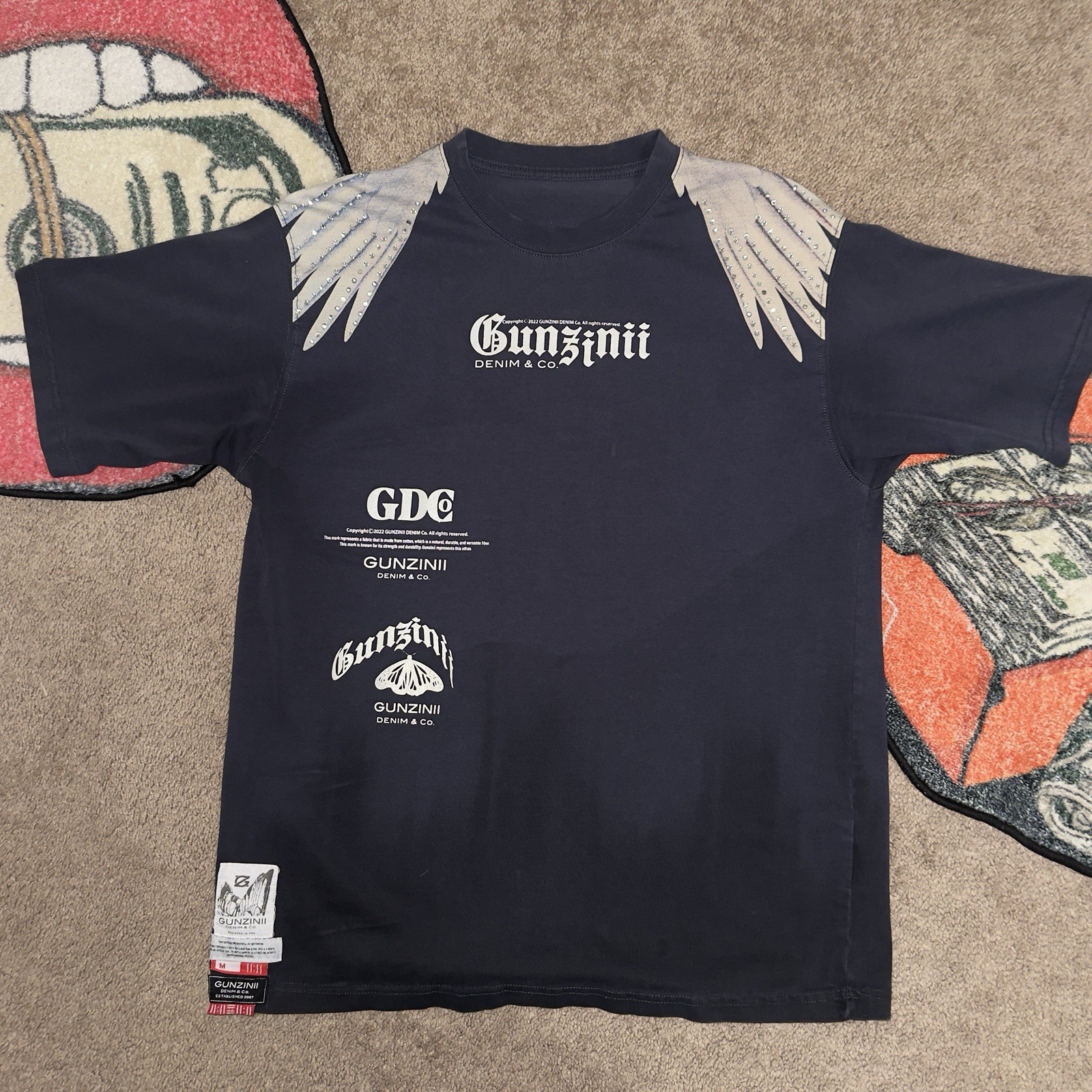 Gunzinii Denim & Co. Navy Graphic Rhinestone Short Sleeve Crew Neck T-Shirt