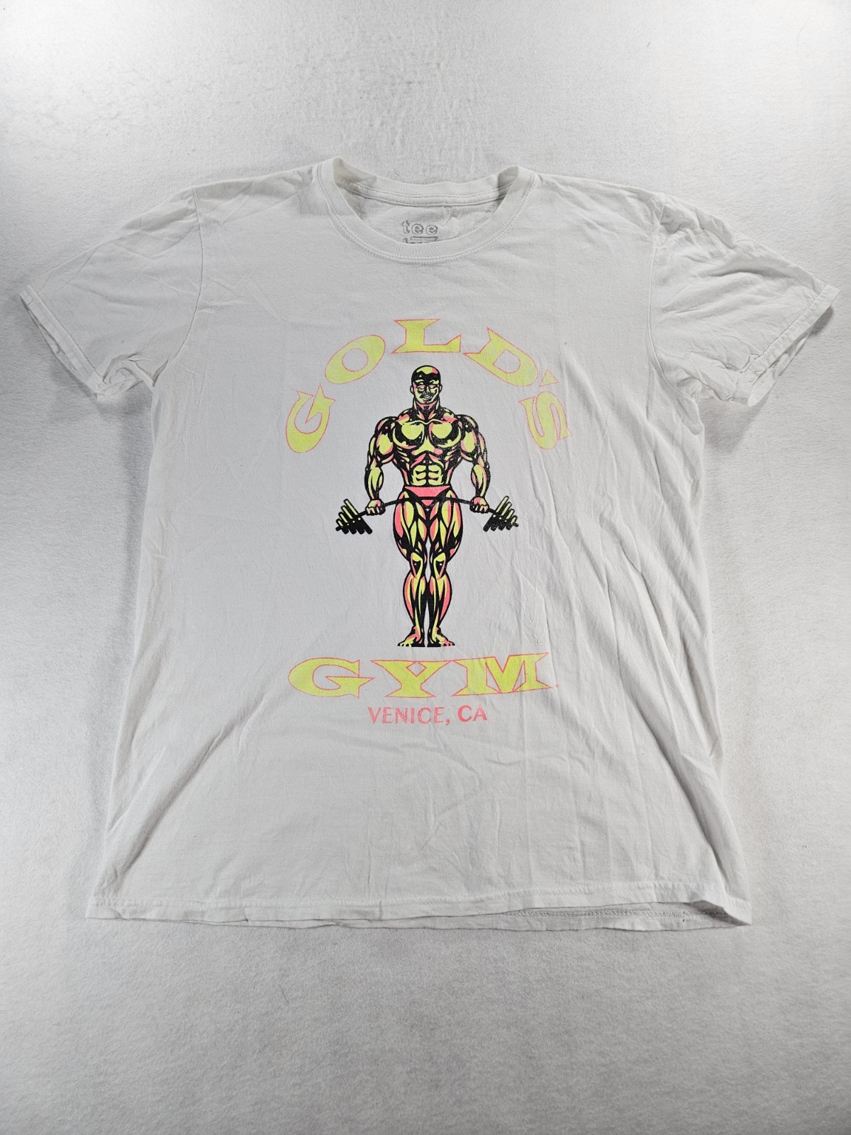 Vintage Gold’s Gym Venice CA T Shirt Men’s M White Neon Muscle Joe Bodybuilding