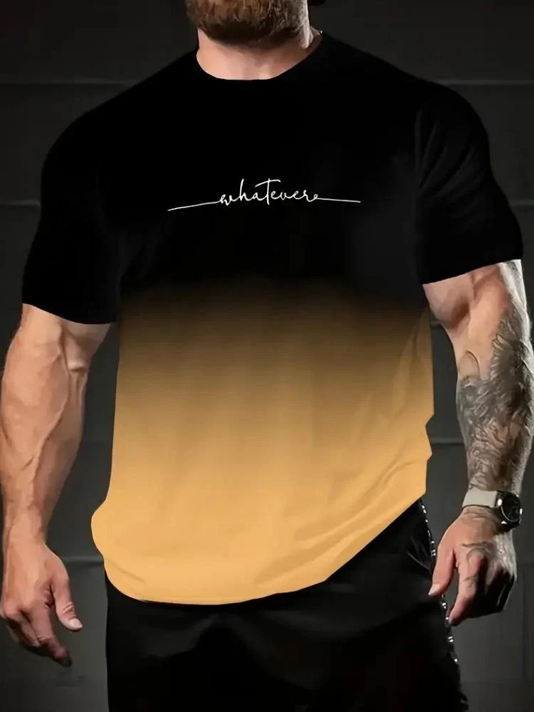 Men’s Vintage Gradient Print Casual Tee Shirt Breathable Polyester O-Neck