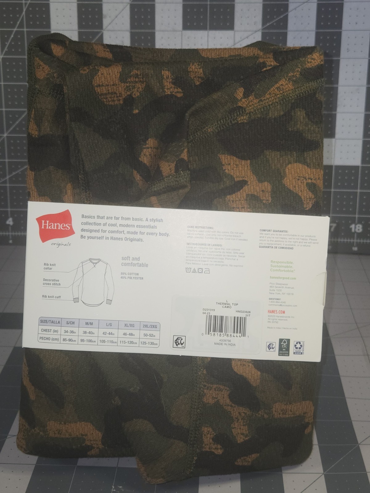 Hanes Men’s Reversible Thermal Crew Top Long Sleeve Shirt Camo L/G Large –
