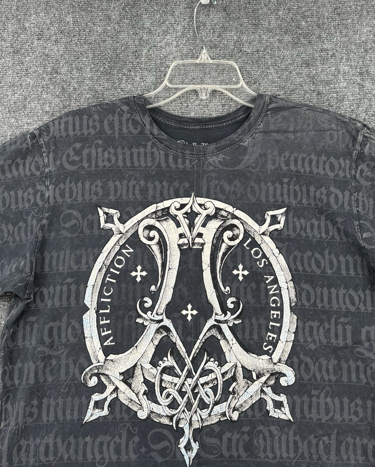 Affliction LIVE FAST SHIELD WINGED T Shirt Gray Blue Foil Accents Men’s M Grunge