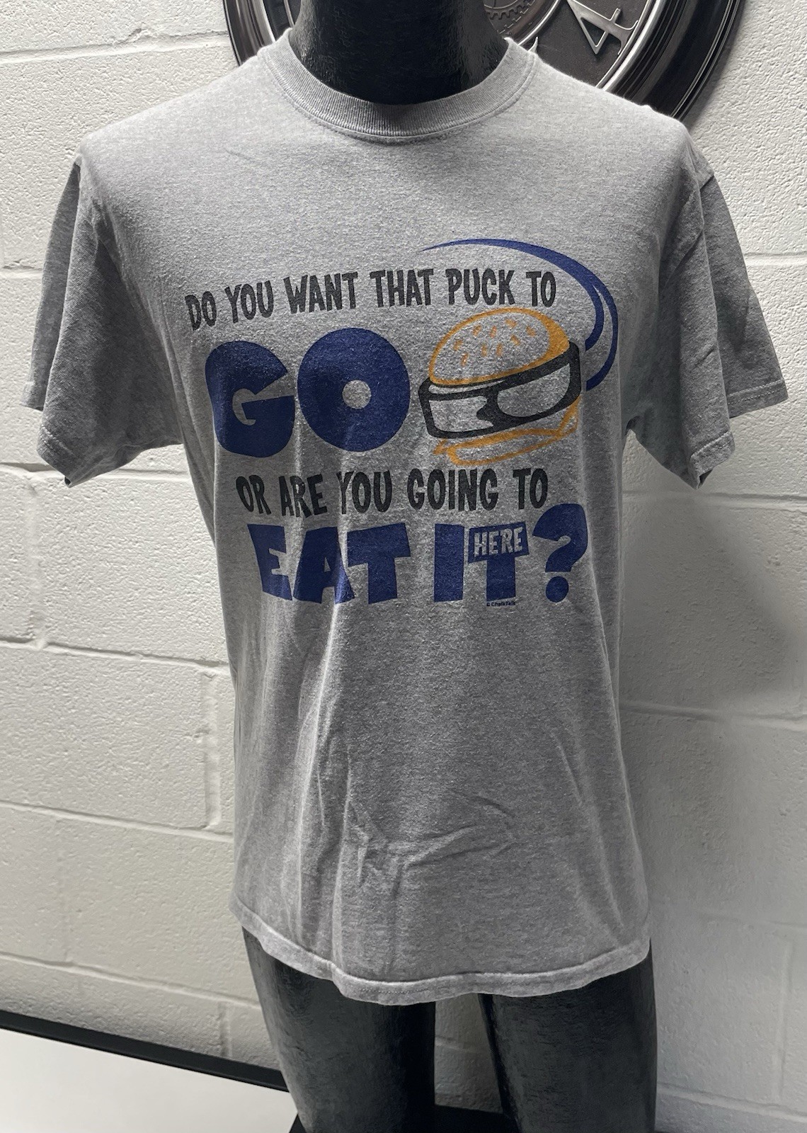 Chalktalk Sports Hockey Humor Tee Med. You want That Puck To Go Or Eat It Here?