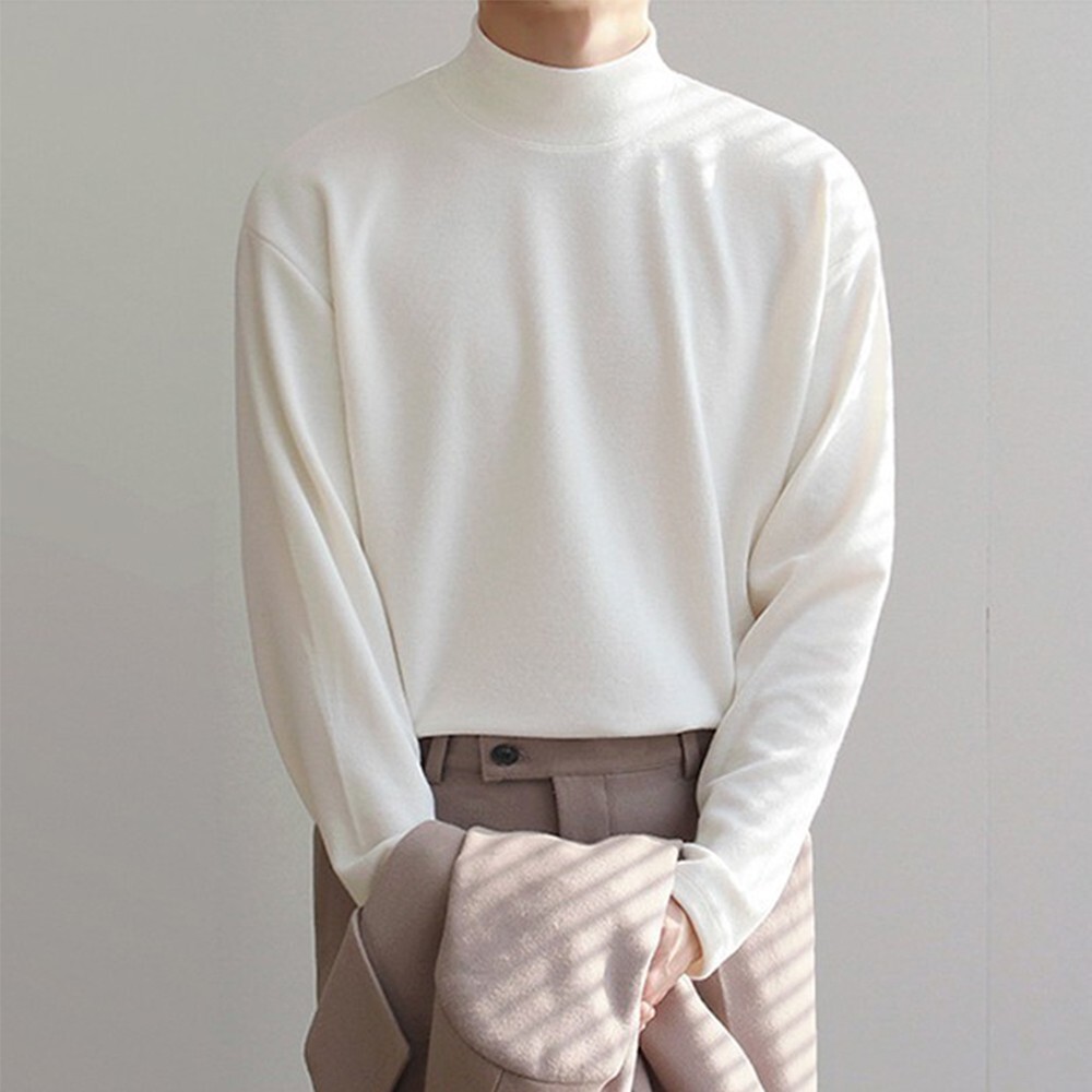 Men Bottoming Long Sleeved Tee T-Shirt Half Turtleneck Loose Crewneck Top