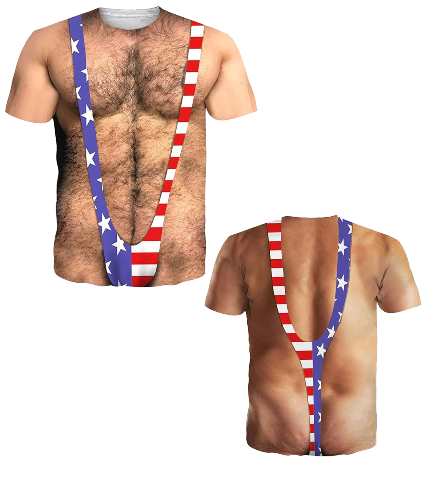 Funny USA Flag Borat Swimsuit T-Shirt 3D Hairy Chest Bikini Graphic Gag Gift Tee