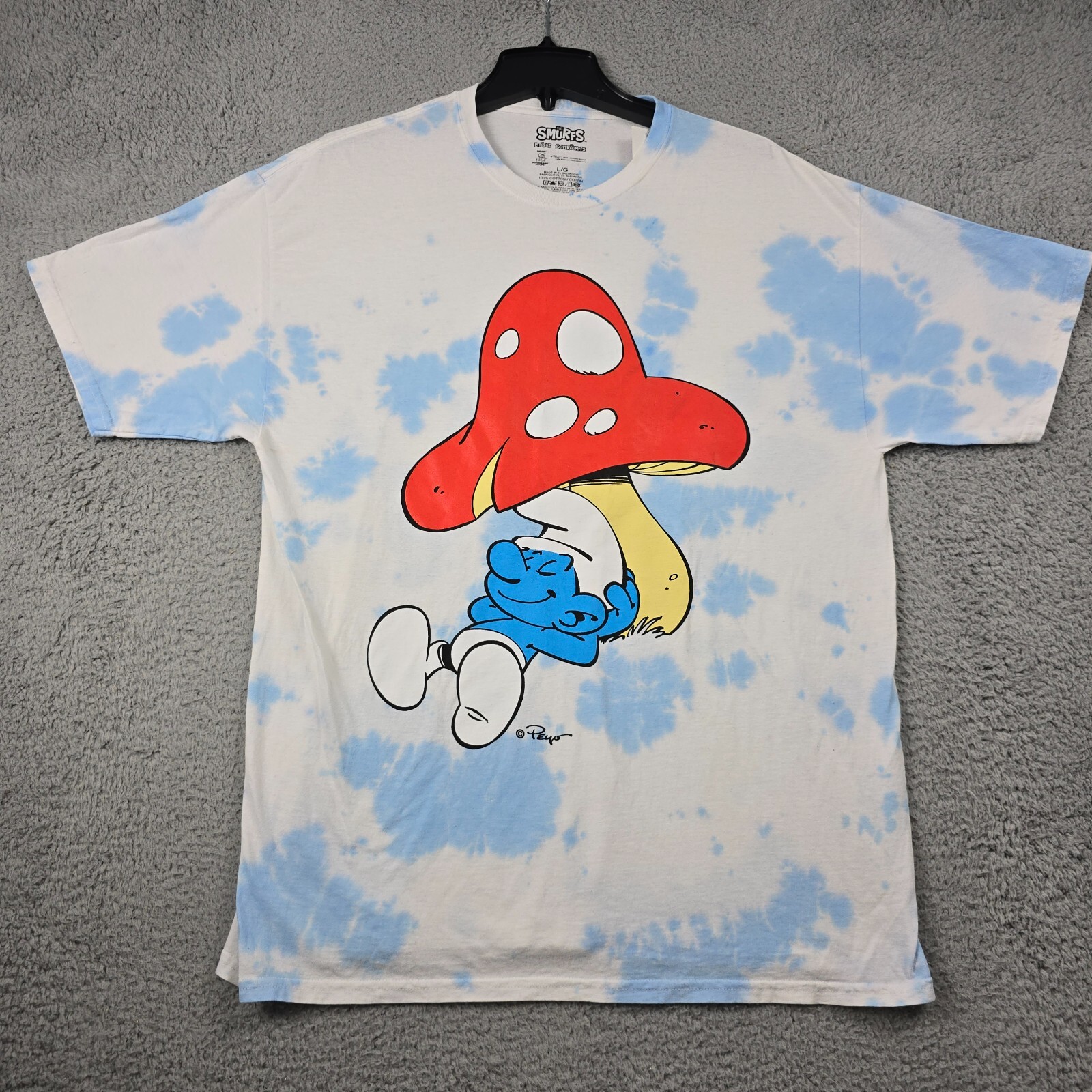 Smurfs Tie Dye Shirt Mens Large L Blue White Retro Mushroom Cartoon Casual NWT