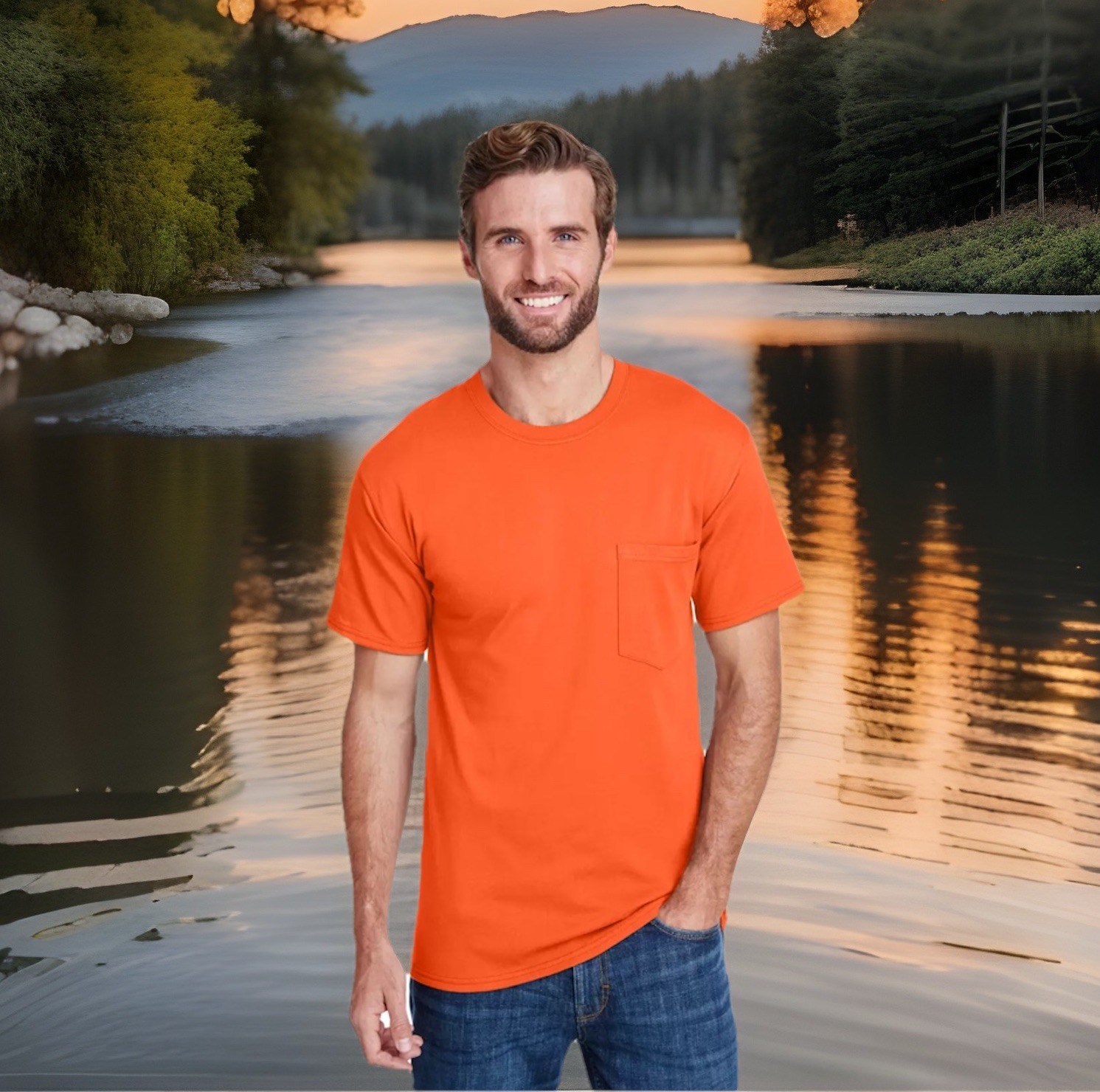 2 Pack 4XL Hanes Adult Workwear Pocket T-Shirt Casual Solid Bright Orange W110