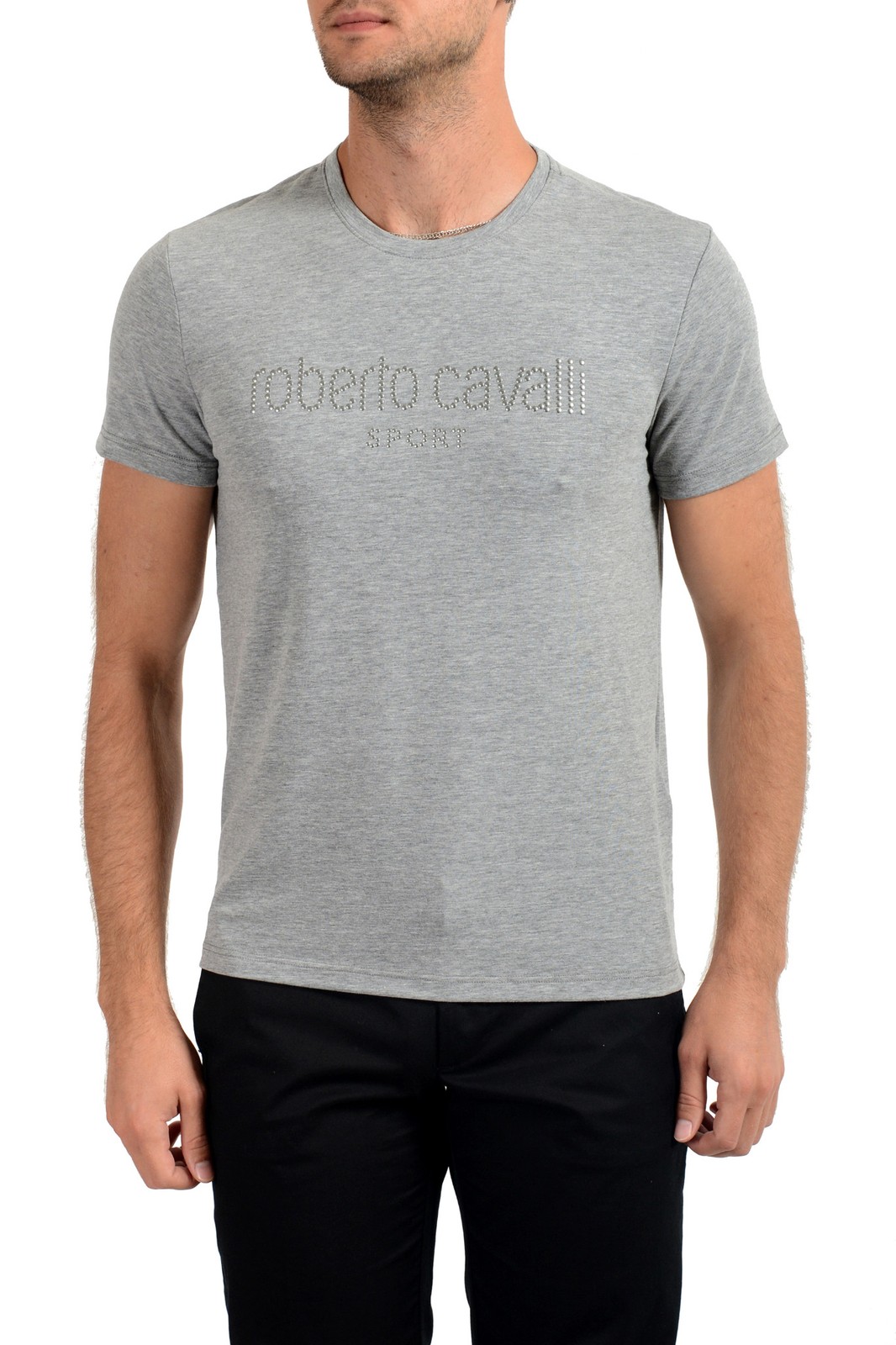 Roberto Cavalli “SPORT” Men’s Gray Embellished Stretch T-Shirt US 2XL IT 56