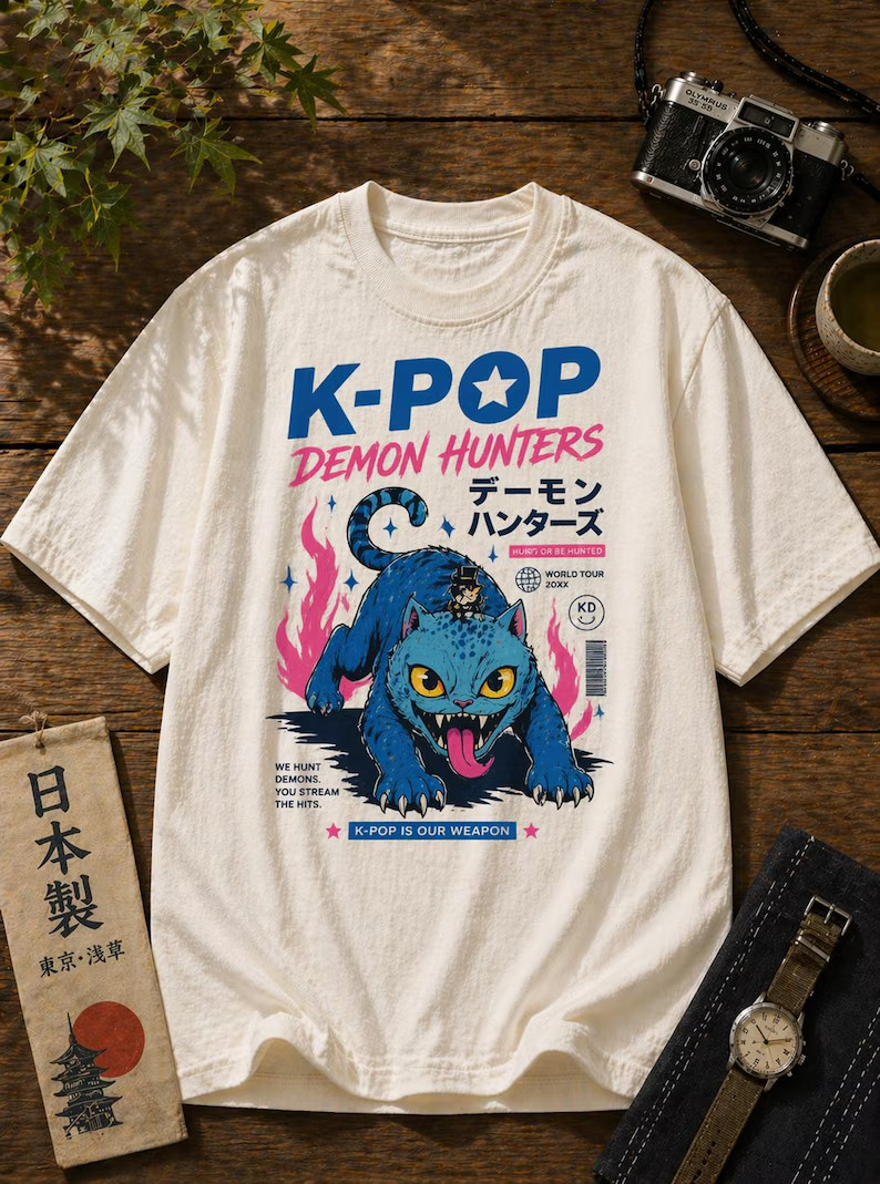 K-Pop Demon Cat Streetwear Tee – Anime Style Graphic Monster Cat T-Shirt