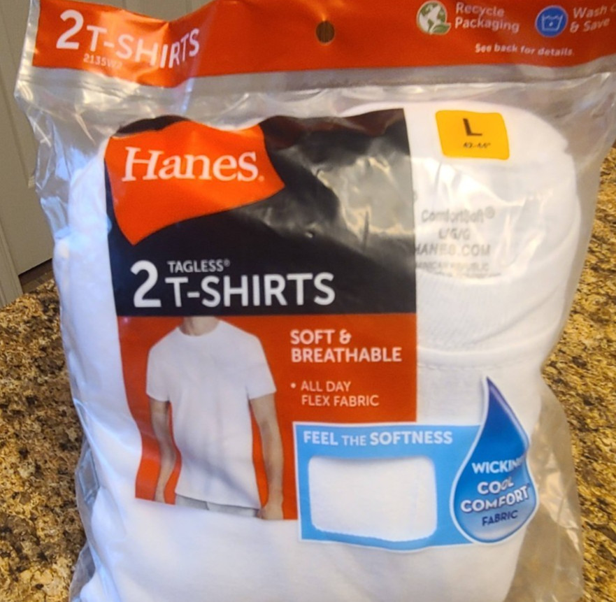 Hanes White T-Shirts Undershirts Men’s Crew Neck Cool Wicking 2-Pack Size Large