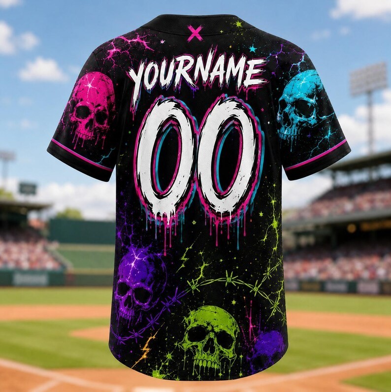 Custom Neon Skulls Lightning Baseball Jersey Personalized Name Number Shirt Kids