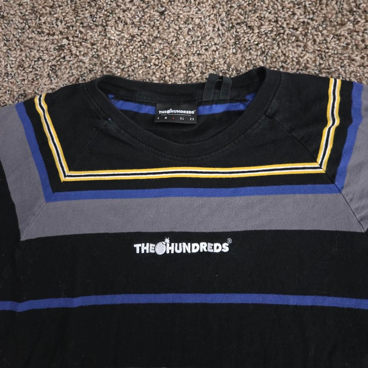 The Hundreds Vintage Y2K Striped Embroidered Graphic T-Shirt Black Blue Yellow