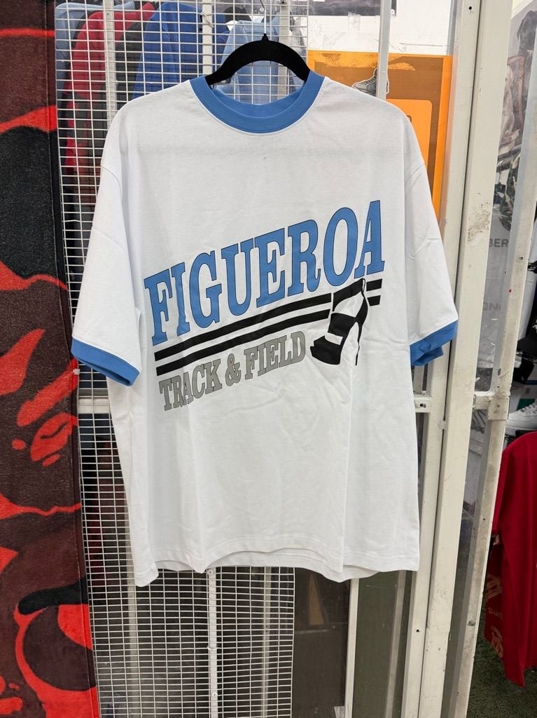 Figueroa Track & Field Ringer T-Shirt White Blue Graphic Tee