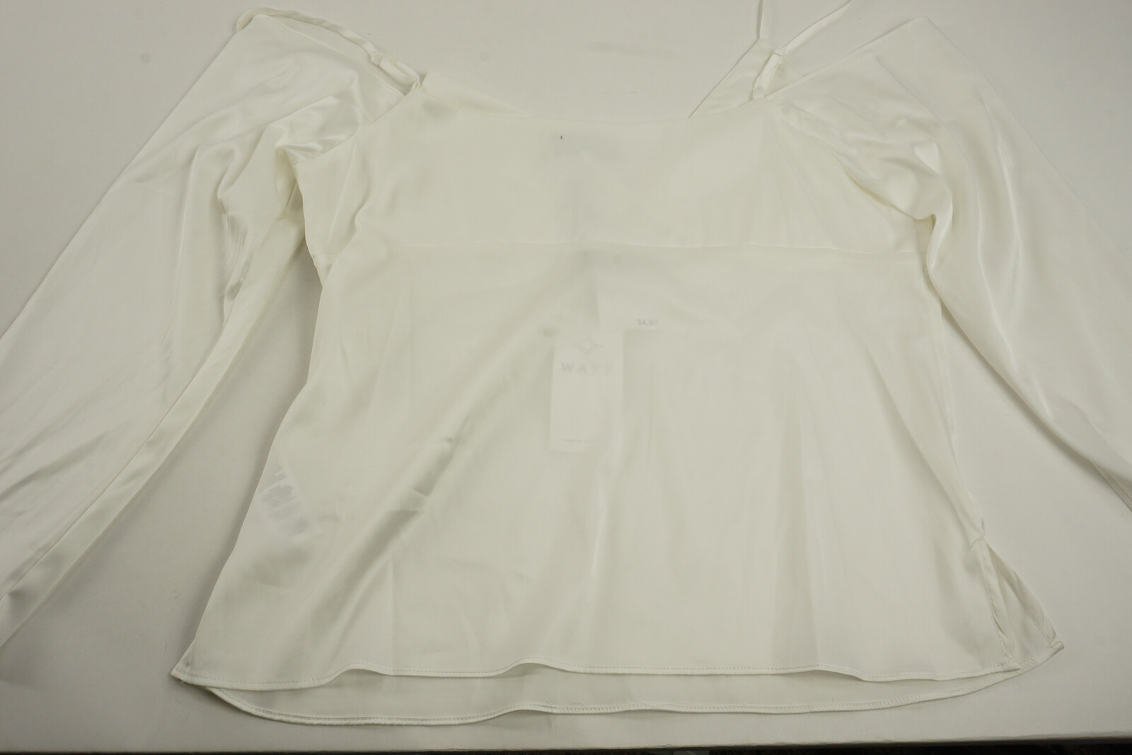 New WAYF Women Size M Ivory Satin Cold Shoulder Long Sleeve Spaghetti V-Neck Top