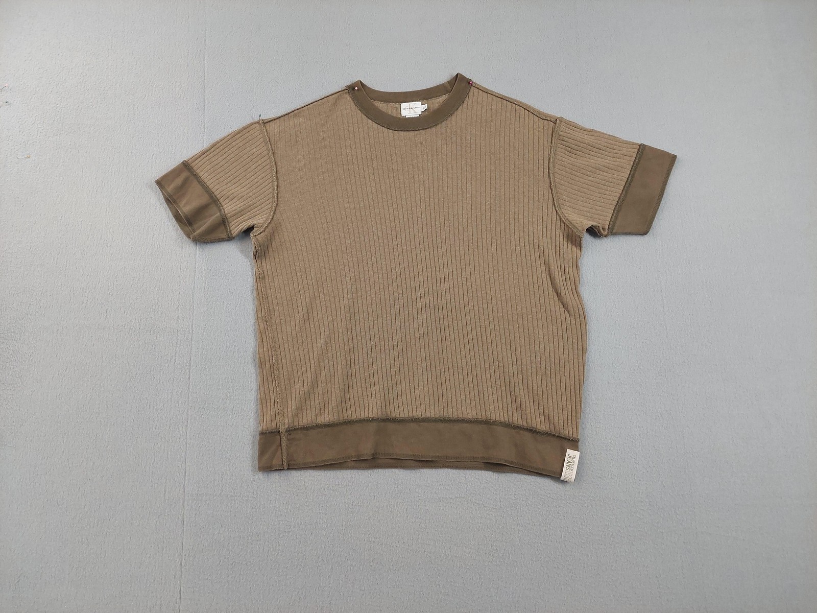 Calvin Klein Jeans Shirt Mens Large Brown Ribbed Knit Crewneck Ringer Tee Cotton
