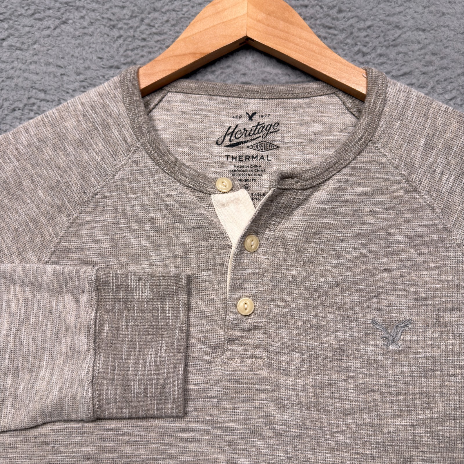 American Eagle Thermal Henley Shirt Mens Medium Gray Classic Fit Long Sleeve