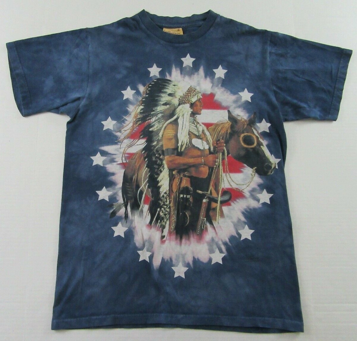 The Mountain Native American Indian Chief Horse Flag Tie Dye T Shirt Size M