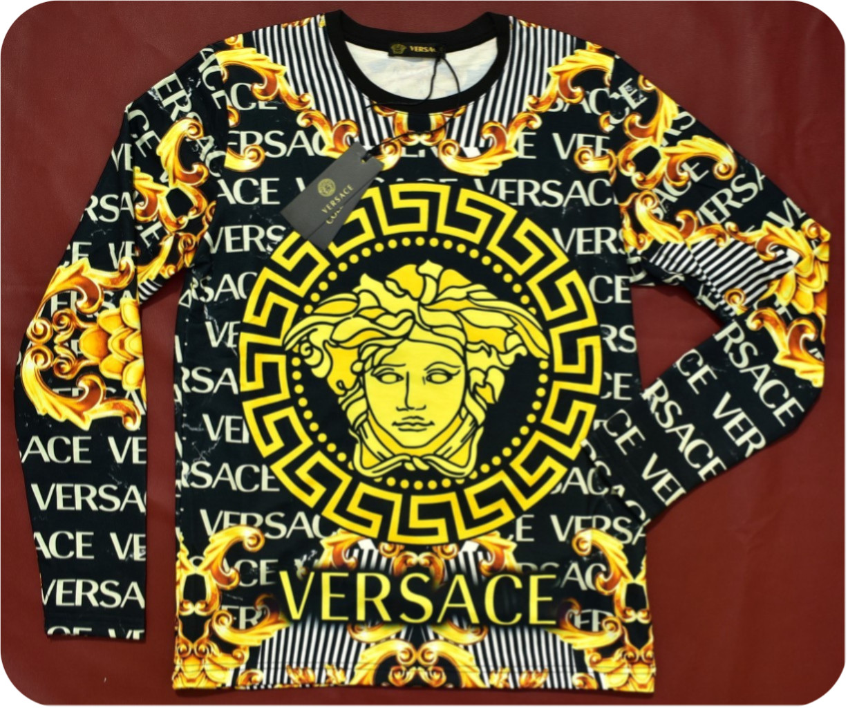 Versace Men’s Floral Print Medusa Gold Long Sleeve T-Shirt Size 3XL