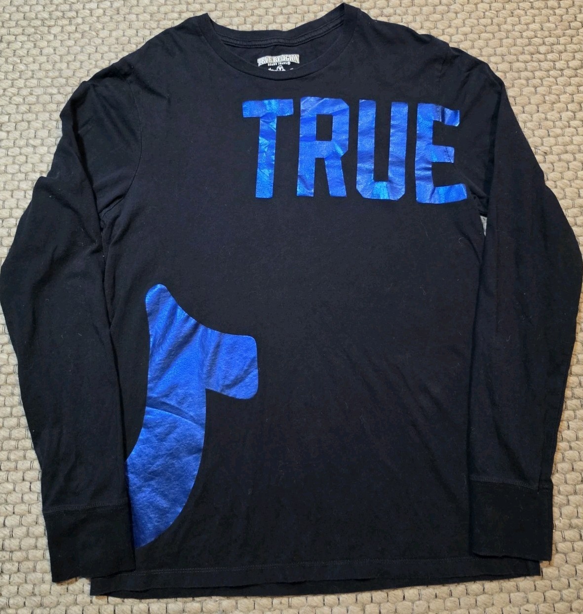 True Religion Black Long-Sleeve T Shirt Mens Small Blue Foil Graphic Logo