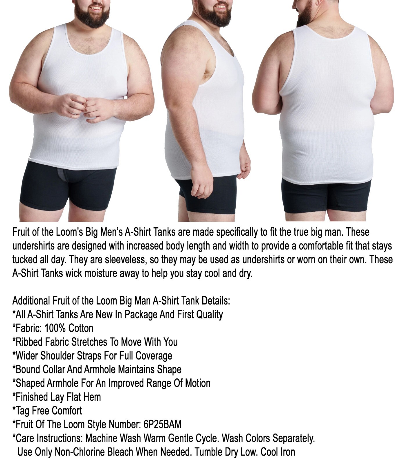 6 White Big Man 4XB 58-60 Inch A-Shirt Tanks Fruit Of The Loom 4EG 147-152 CM