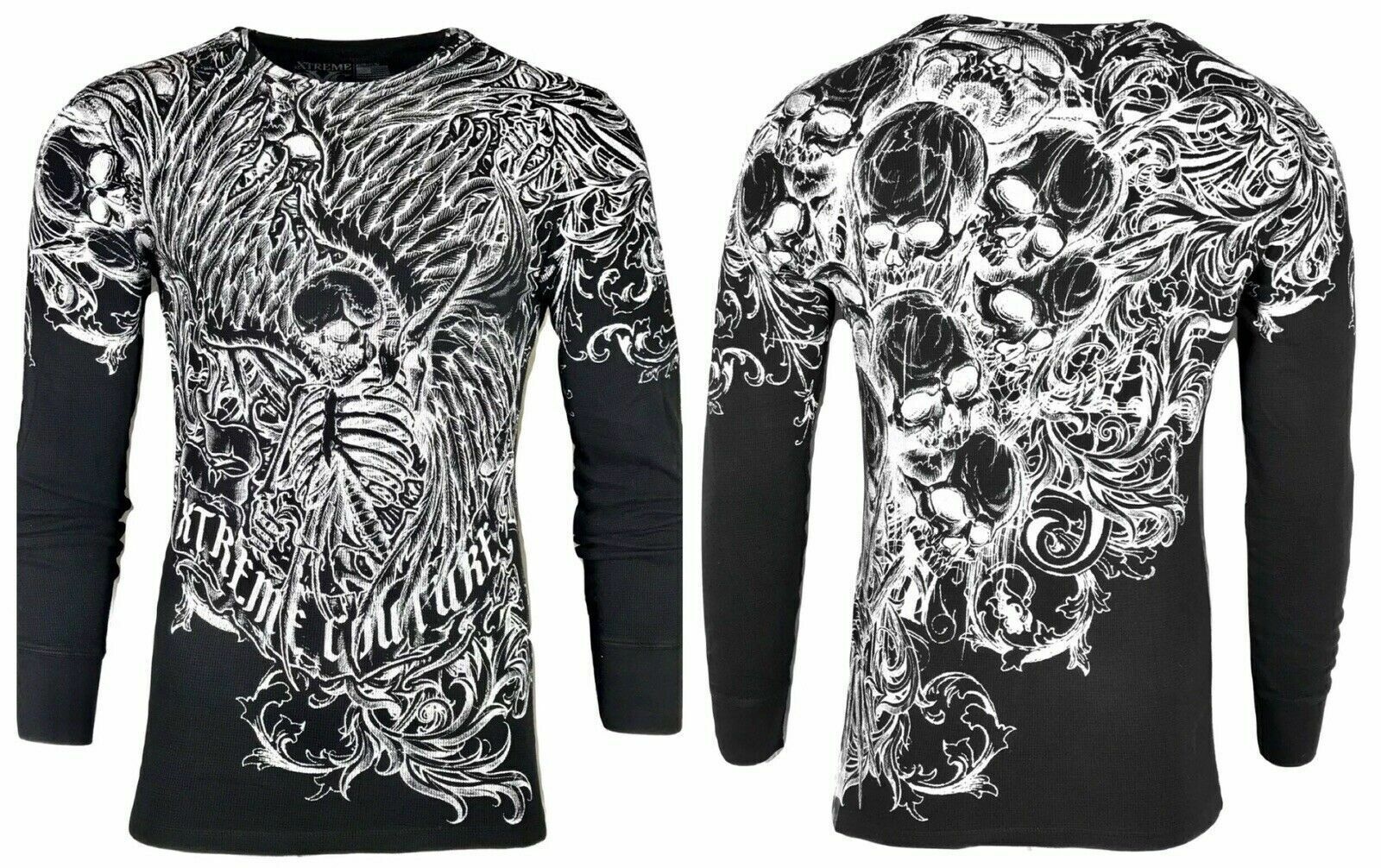 Xtreme Couture by Affliction Men’s Thermal Shirt ACCUSER Skull Biker MMA Black