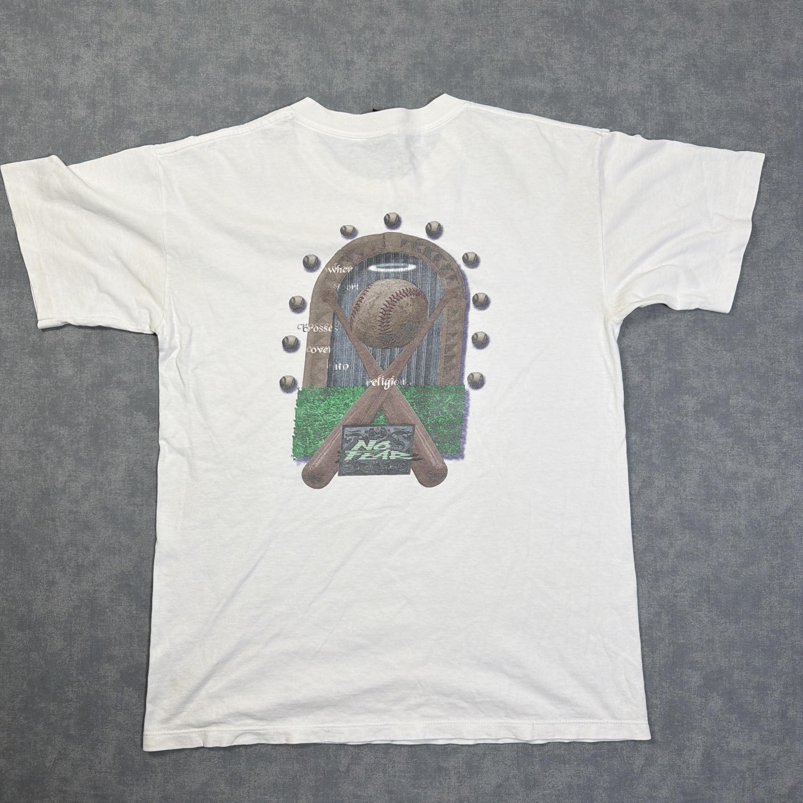 Vintage No Fear Shirt Mens L White Baseball Religion Graphic Tee USA 90s