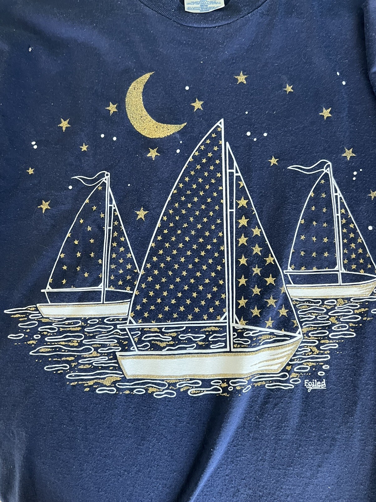 Vintage Foiled Art Shirt Sailboat Ocean Moon Stars Gold Glitter Large Navy Blue