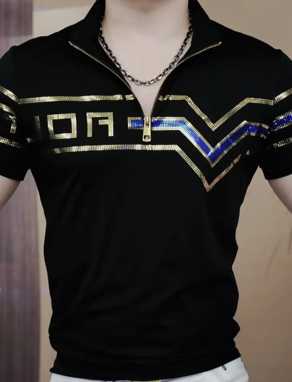 New Men Luxury Diamond Rhinestones Fashion Black Polo T-Shirt High Quality