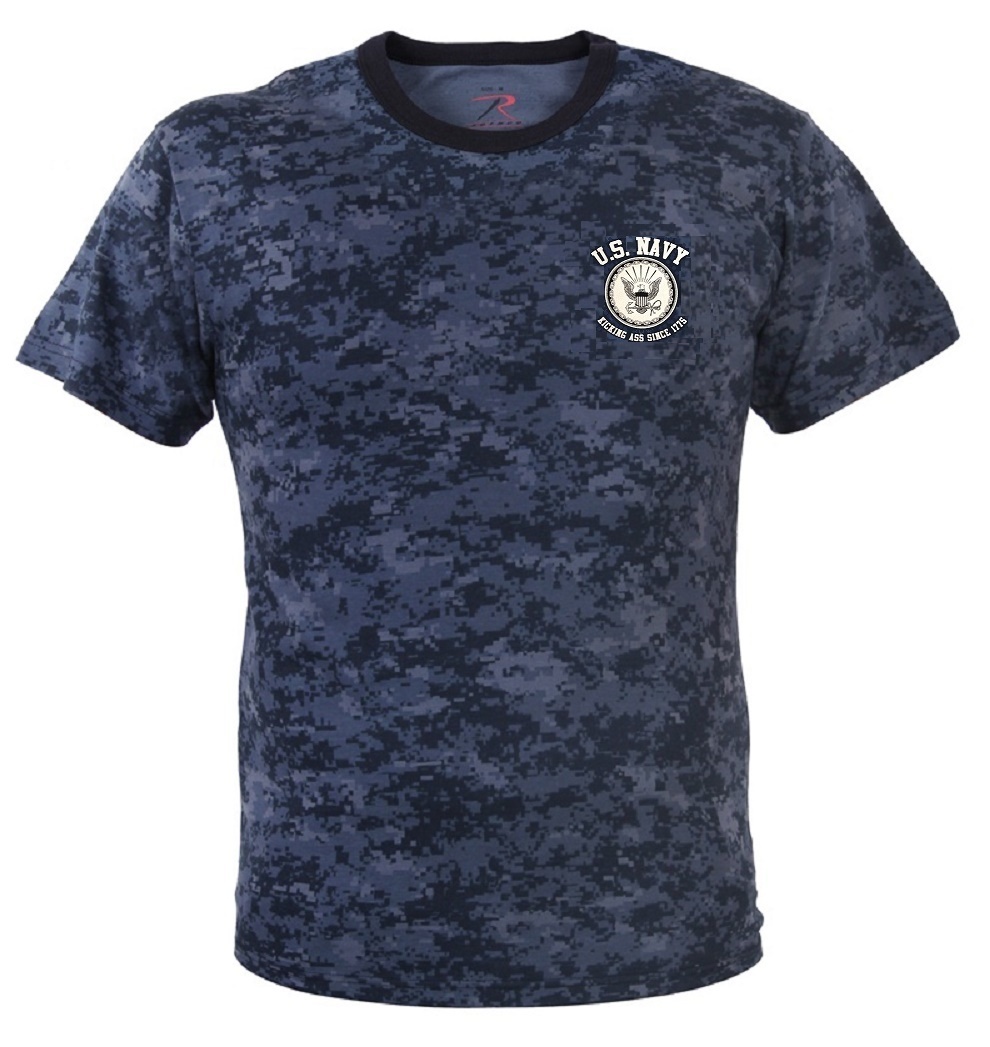 US Navy KICKING ASS Since 1775 Midnight Blue Digital Camo T-Shirt Vet Veteran