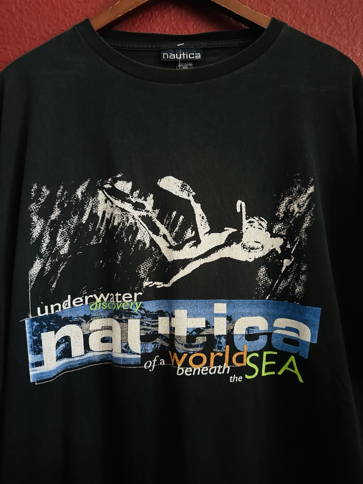 Y2K Nautica Underwater Discovery Scuba Diver Graphic Tee Black Crew Neck XXL
