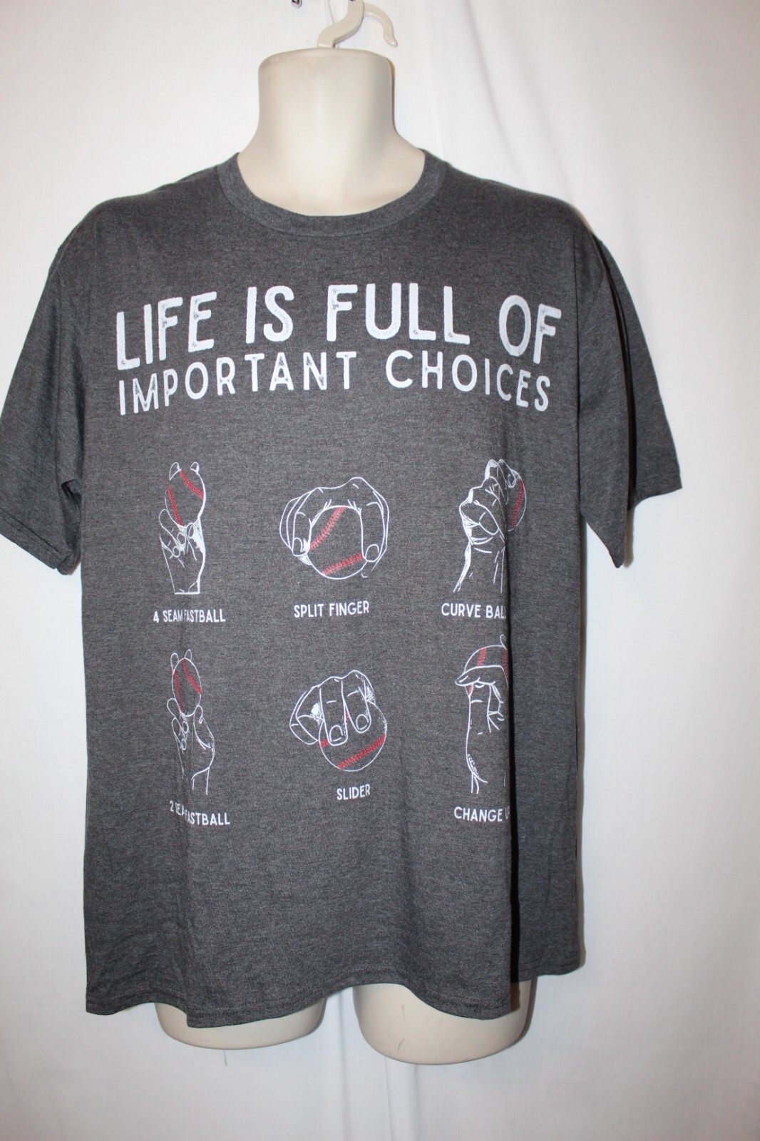 mens baseball pitching grips t-shirt L pre-owned important choices gray